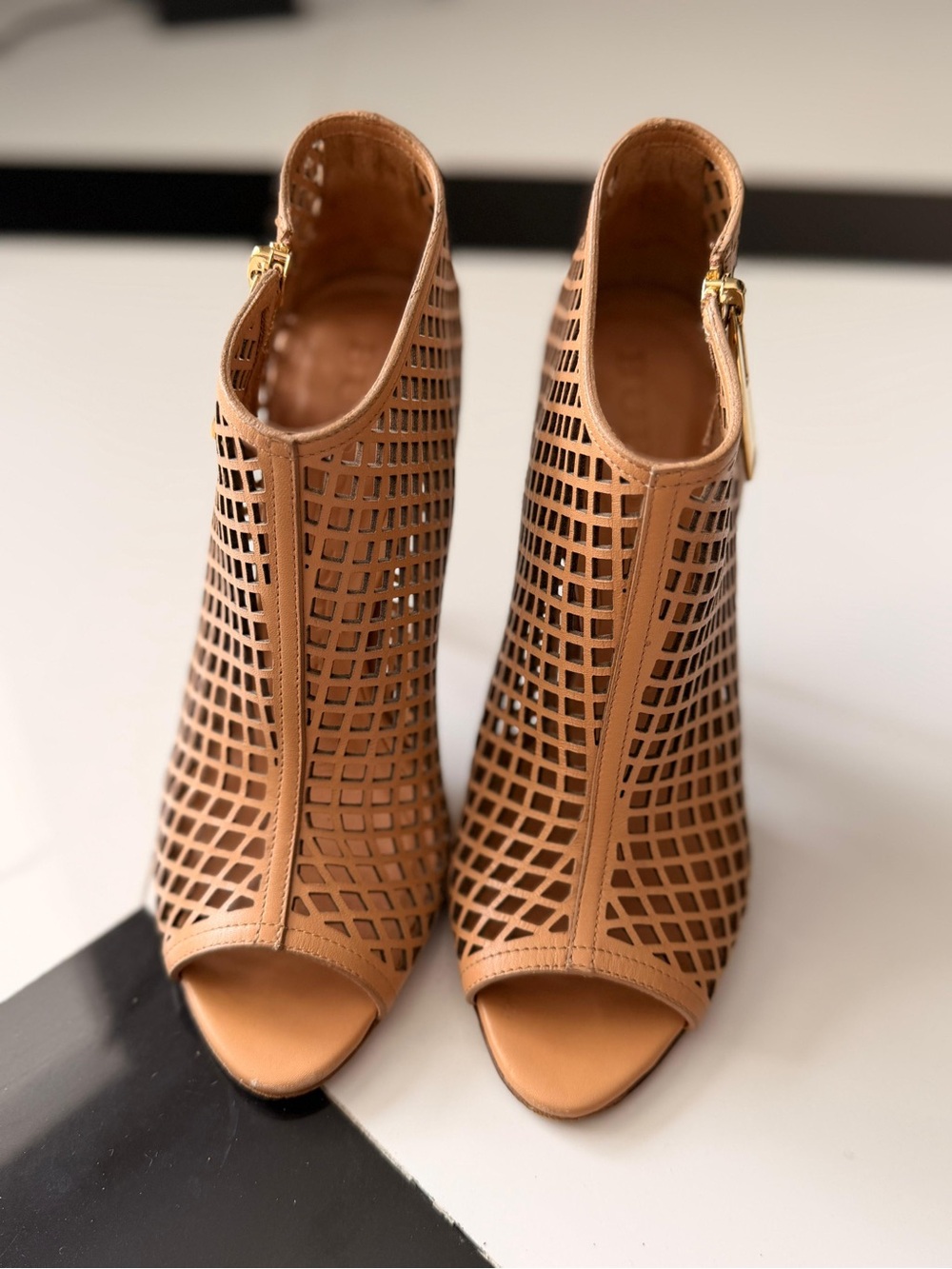 Burberry Tan Laser-Cut Peep Toe Ankle Booties with Gold Zip
